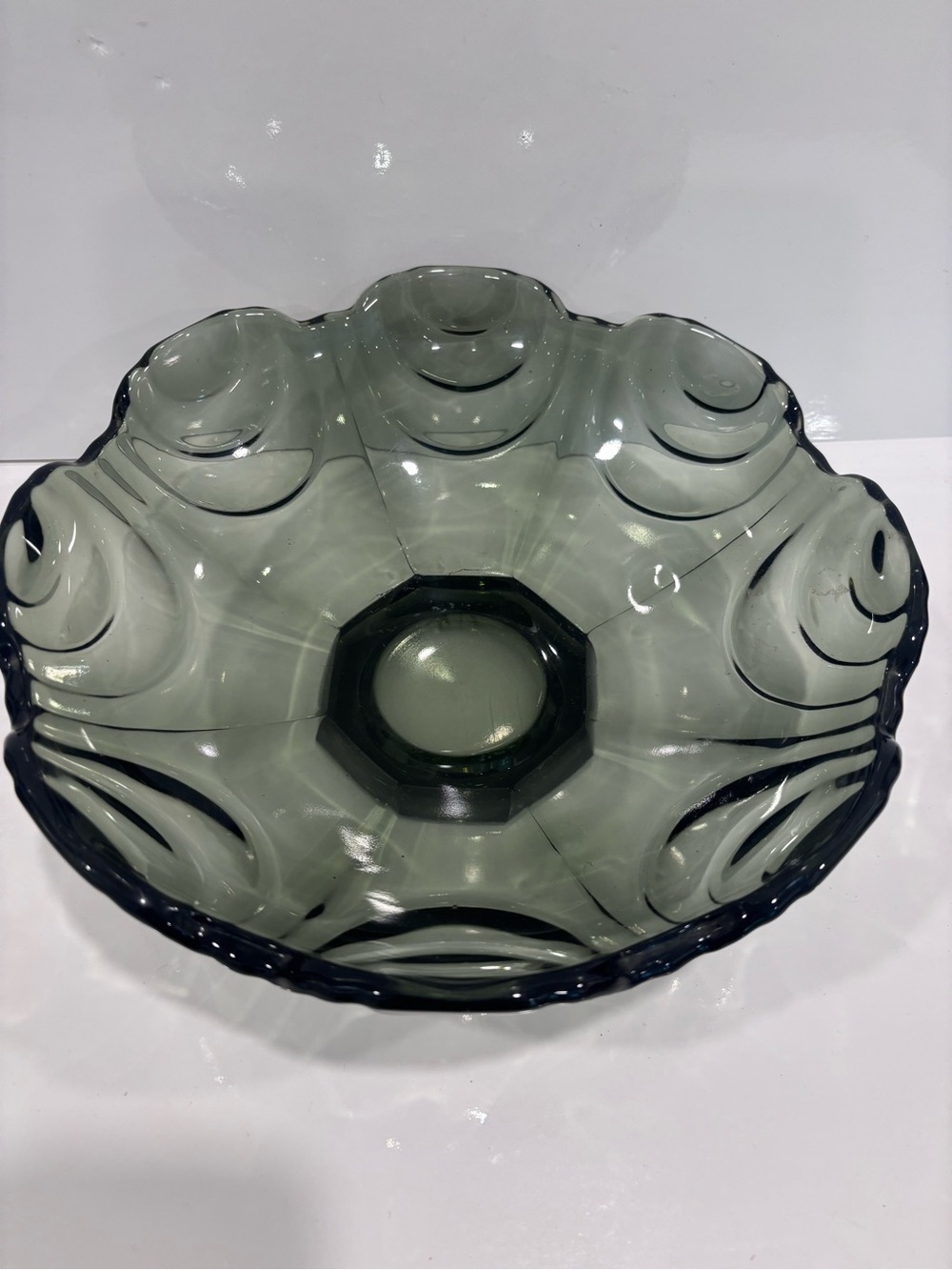 vintage pressed glass console bowl  Smokey Grey 10.5”